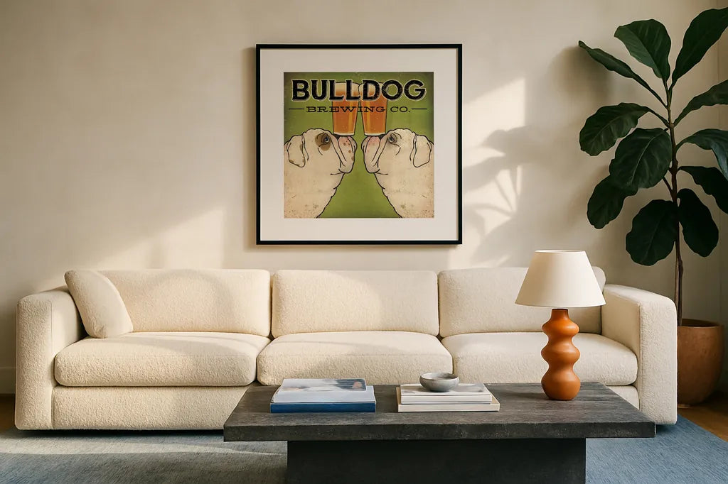 Bulldog Brewing by Ryan Fowler. Displayed in a glass frame with matte in a clean modern living room. Available as an archival giclee rolled canvas, fine art paper, or poster print. SKU 16311a.