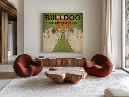 Bulldog Brewing by Ryan Fowler. Shown as extra-large giant wall art in a modern living room. Available as an archival giclee rolled canvas, fine art paper, or poster print. SKU 16311a.