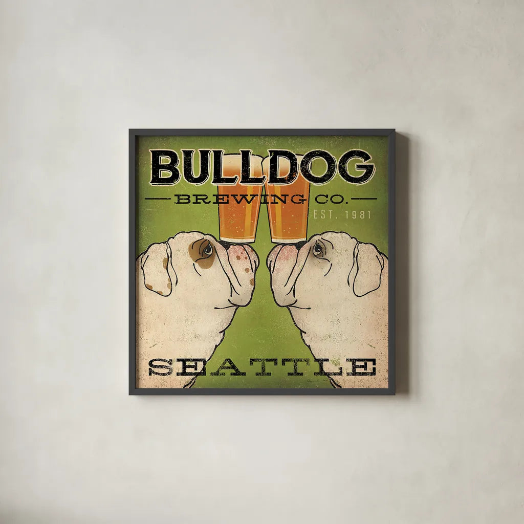 Bulldog Brewing Seattle by Ryan Fowler. Shown in a sleek black glass frame for a contemporary gallery look. Available as an archival giclee rolled canvas, fine art paper, or poster print. SKU 16240a.