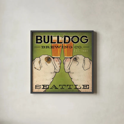 Bulldog Brewing Seattle by Ryan Fowler. Shown in a sleek black glass frame for a contemporary gallery look. Available as an archival giclee rolled canvas, fine art paper, or poster print. SKU 16240a.