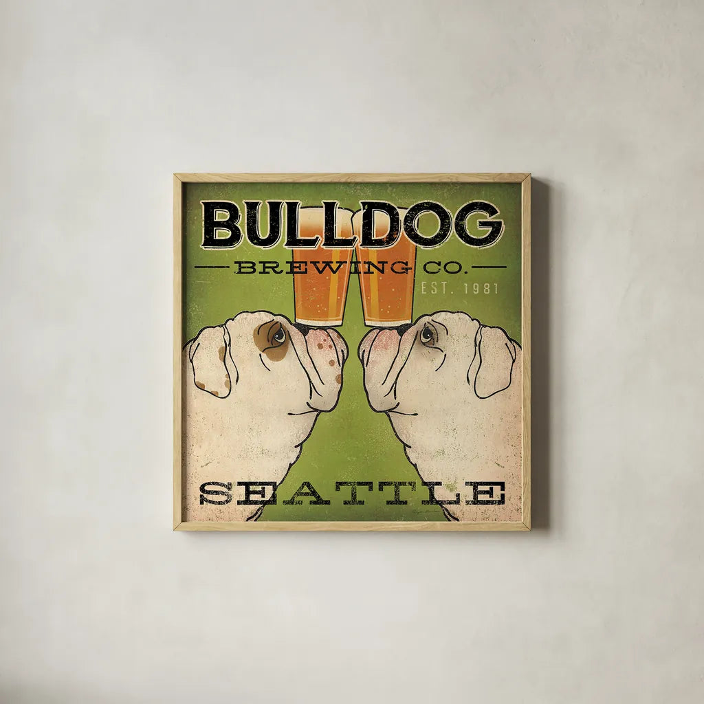 Bulldog Brewing Seattle by Ryan Fowler. Shown in a natural wood glass frame for a timeless modern aesthetic. Available as an archival giclee rolled canvas, fine art paper, or poster print. SKU 16240a.