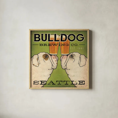 Bulldog Brewing Seattle by Ryan Fowler. Shown in a natural wood glass frame for a timeless modern aesthetic. Available as an archival giclee rolled canvas, fine art paper, or poster print. SKU 16240a.