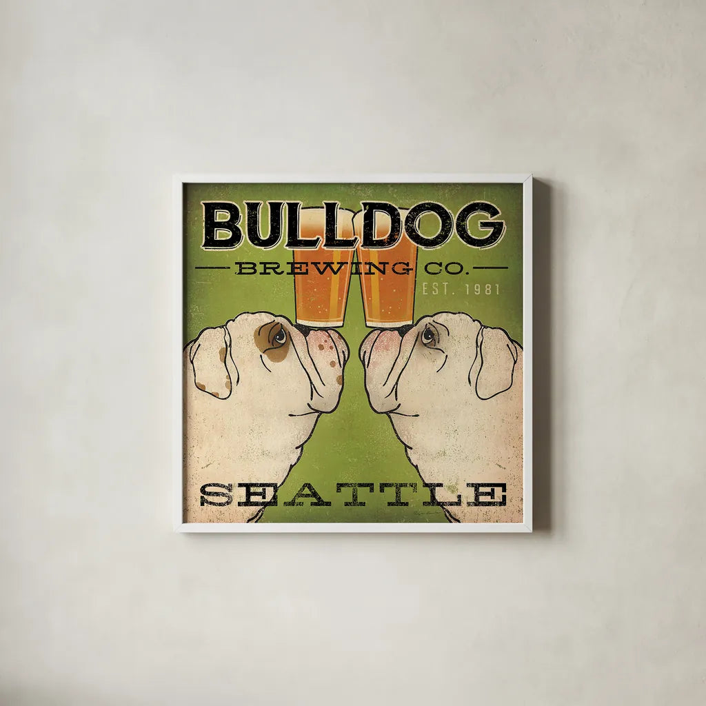 Bulldog Brewing Seattle by Ryan Fowler. Shown in a crisp white glass frame for a clean and minimalist style. Available as an archival giclee rolled canvas, fine art paper, or poster print. SKU 16240a.