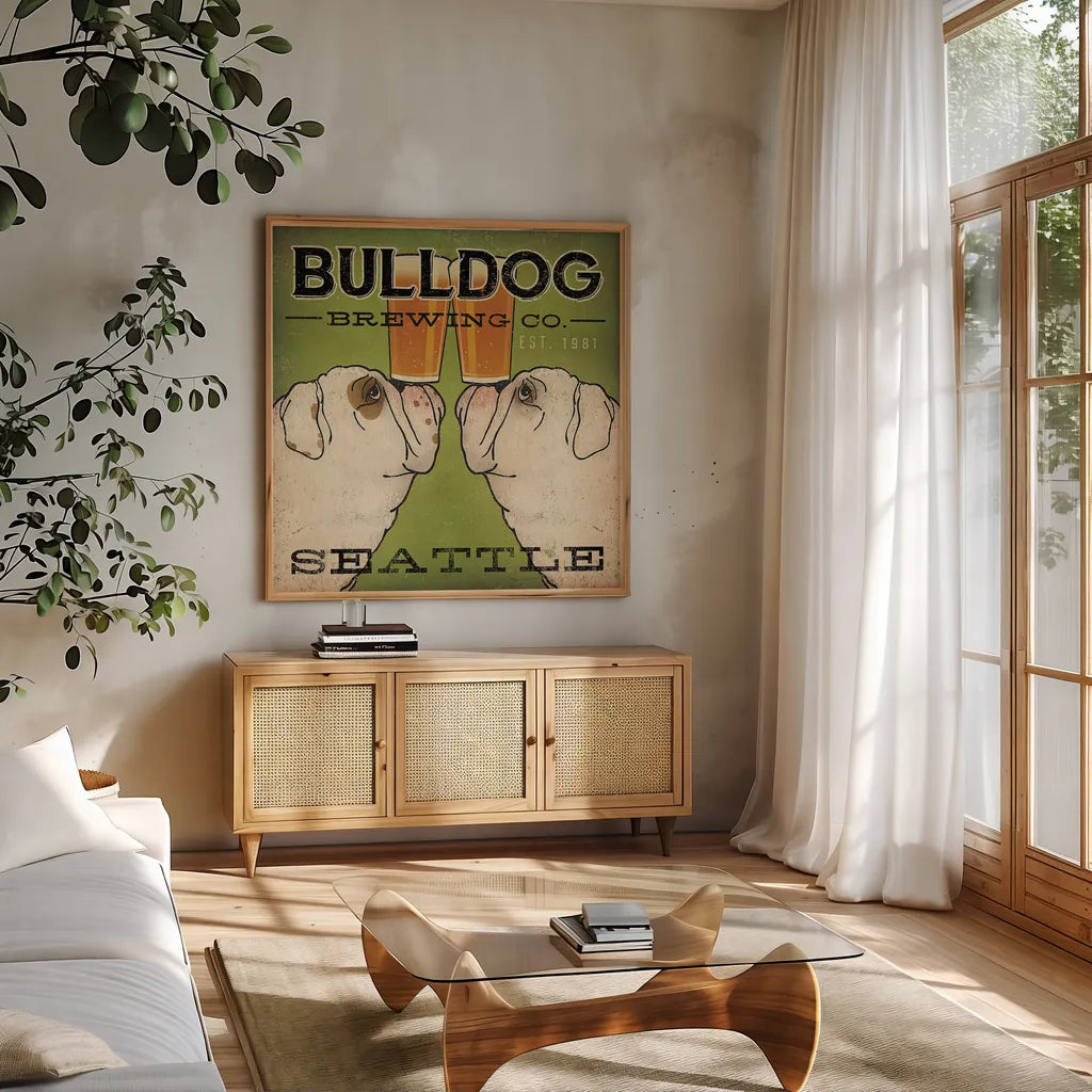 Bulldog Brewing Seattle by Ryan Fowler. Shown in a natural wood frame in a cozy modern living room. Available as an archival giclee rolled canvas, fine art paper, or poster print. SKU 16240a.