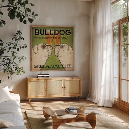 Bulldog Brewing Seattle by Ryan Fowler. Shown in a natural wood frame in a cozy modern living room. Available as an archival giclee rolled canvas, fine art paper, or poster print. SKU 16240a.