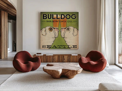 Bulldog Brewing Seattle by Ryan Fowler. Shown as extra-large giant wall art in a modern living room. Available as an archival giclee rolled canvas, fine art paper, or poster print. SKU 16240a.