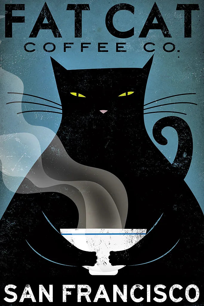 Cat Coffee by Ryan Fowler. SKU 22337h. Archival Giclee Fine art print for wall decor.