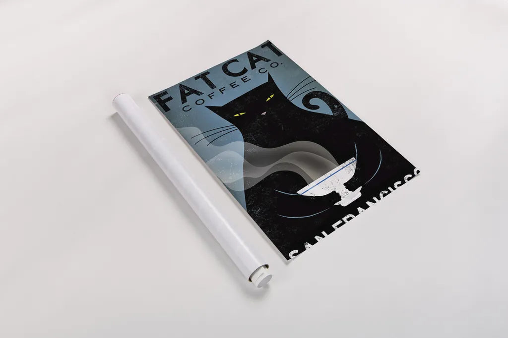 Cat Coffee by Ryan Fowler. shown as a rolled paper print. Available as archival giclee rolled canvas, fine art paper, or poster print. SKU 22337h.