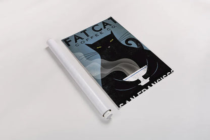 Cat Coffee by Ryan Fowler. shown as a rolled paper print. Available as archival giclee rolled canvas, fine art paper, or poster print. SKU 22337h.