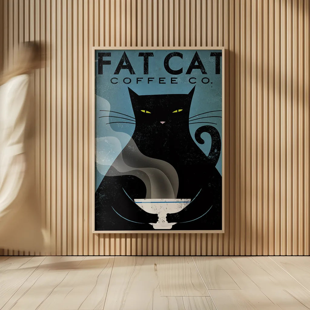 Cat Coffee by Ryan Fowler. shown as over sized large wall art. Available as an archival giclee rolled canvas, fine art paper, or poster print. SKU 22337h.
