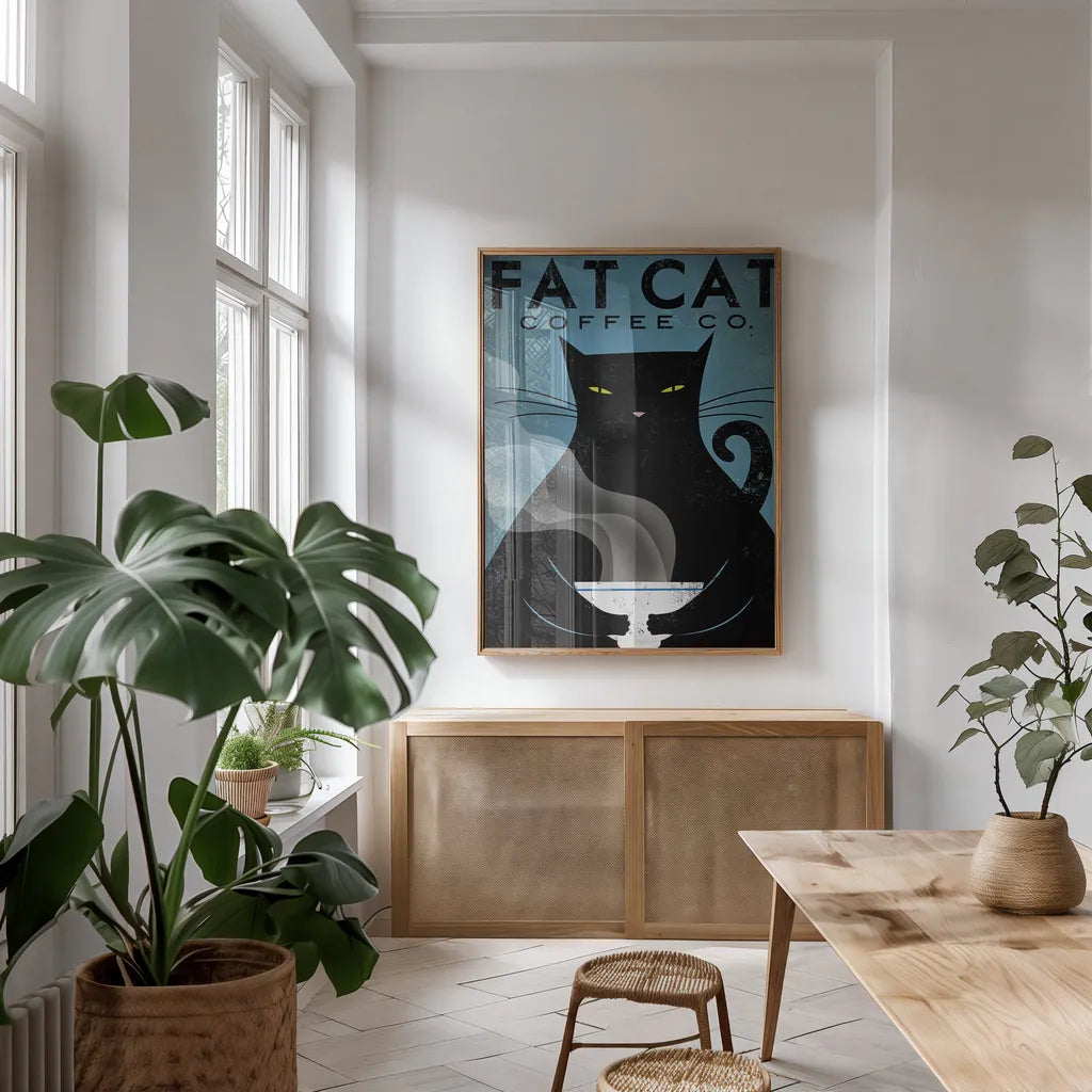 Cat Coffee by Ryan Fowler. shown as a print in a natural wood frame in a dining room. Available as a archival giclee rolled canvas, fine art paper, or poster print. SKU 22337h.