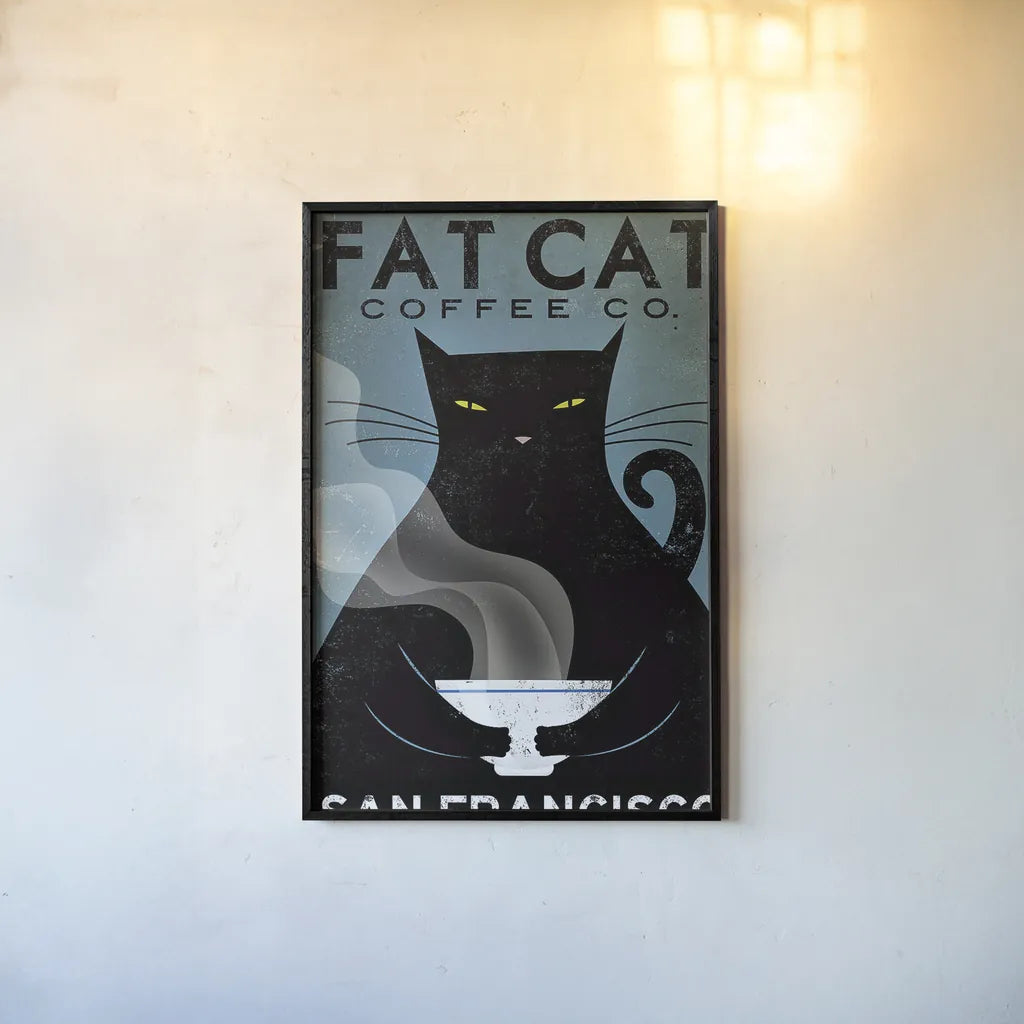 Cat Coffee by Ryan Fowler. shown as a paper print in a black flame. Available as a archival giclee rolled canvas, fine art paper, or poster print. SKU 22337h.