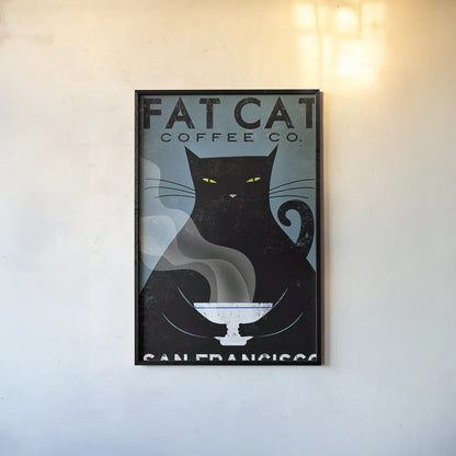 Cat Coffee by Ryan Fowler. shown as a paper print in a black flame. Available as a archival giclee rolled canvas, fine art paper, or poster print. SKU 22337h.