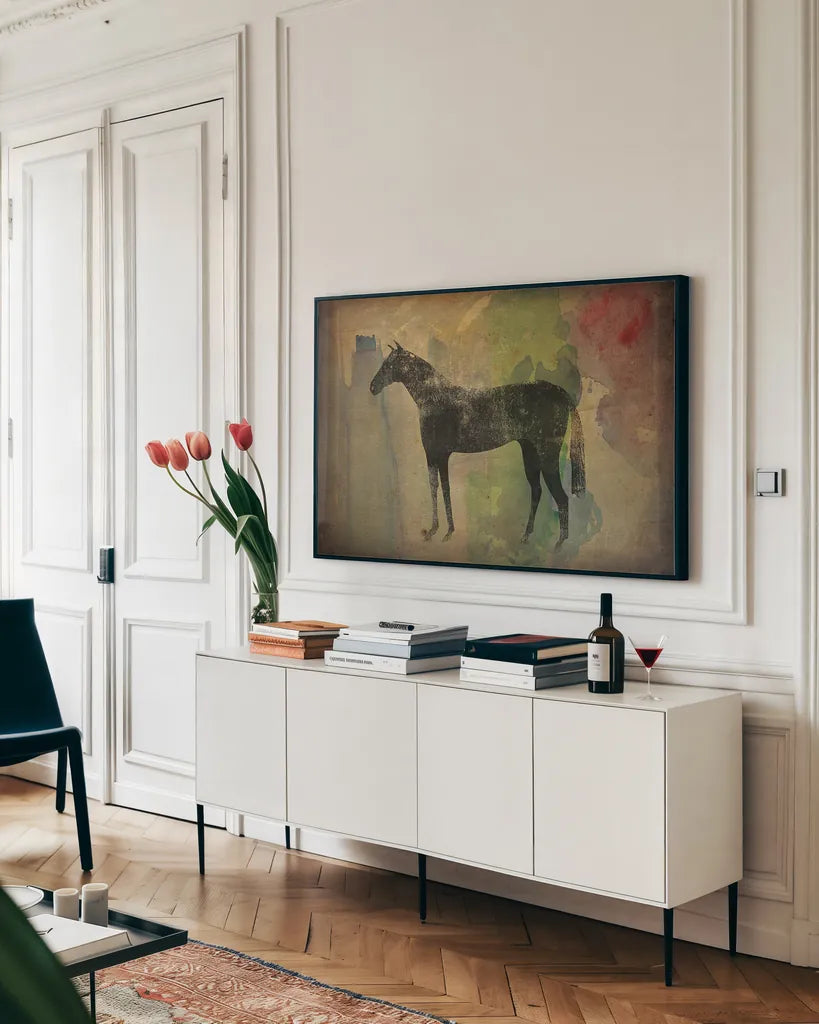 Cheval Noir v2 by Ryan Fowler. shown as a framed stretched canvas in a living room above a console. Available as a archival giclee rolled canvas, fine art paper, or poster print. SKU 22909i.
