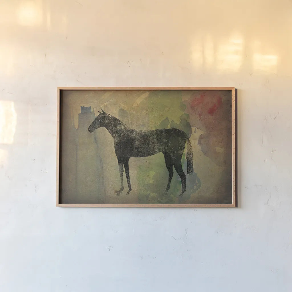 Cheval Noir v2 by Ryan Fowler. shown as a paper print in a natural frame. Available as a archival giclee rolled canvas, fine art paper, or poster print. SKU 22909i.