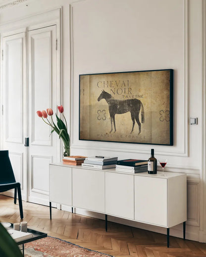 Cheval Noir v4 by Ryan Fowler. shown as a framed stretched canvas in a living room above a console. Available as a archival giclee rolled canvas, fine art paper, or poster print. SKU 22911i.