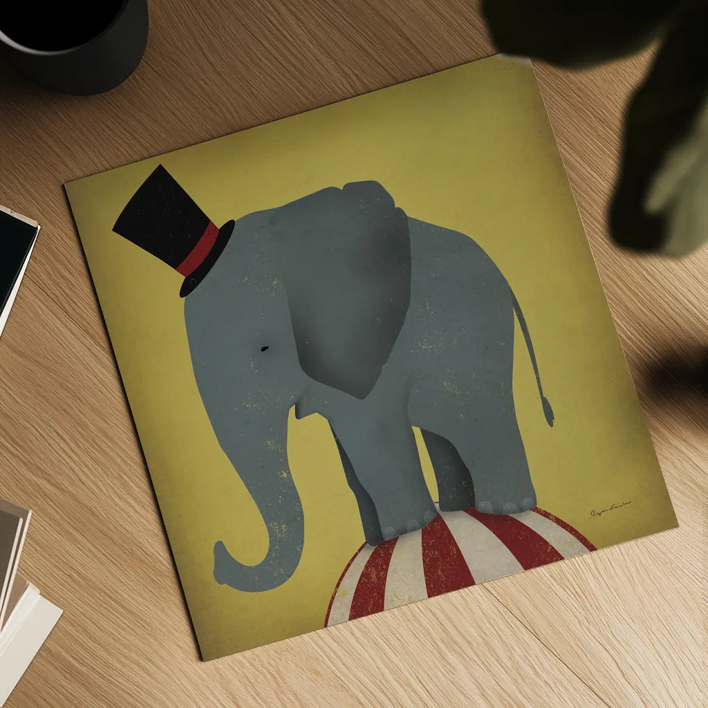 Circus Elephant by Ryan Fowler. Shown as a detailed flat fine art print, highlighting archival giclee quality. Available as an archival giclee rolled canvas, fine art paper, or poster print. SKU 21521a.