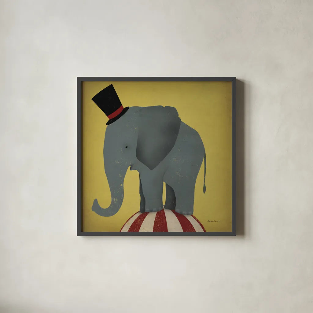 Circus Elephant by Ryan Fowler. Shown in a sleek black glass frame for a contemporary gallery look. Available as an archival giclee rolled canvas, fine art paper, or poster print. SKU 21521a.