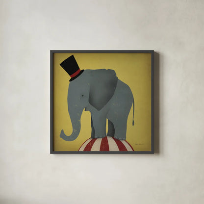 Circus Elephant by Ryan Fowler. Shown in a sleek black glass frame for a contemporary gallery look. Available as an archival giclee rolled canvas, fine art paper, or poster print. SKU 21521a.