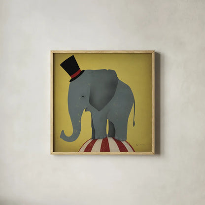 Circus Elephant by Ryan Fowler. Shown in a natural wood glass frame for a timeless modern aesthetic. Available as an archival giclee rolled canvas, fine art paper, or poster print. SKU 21521a.