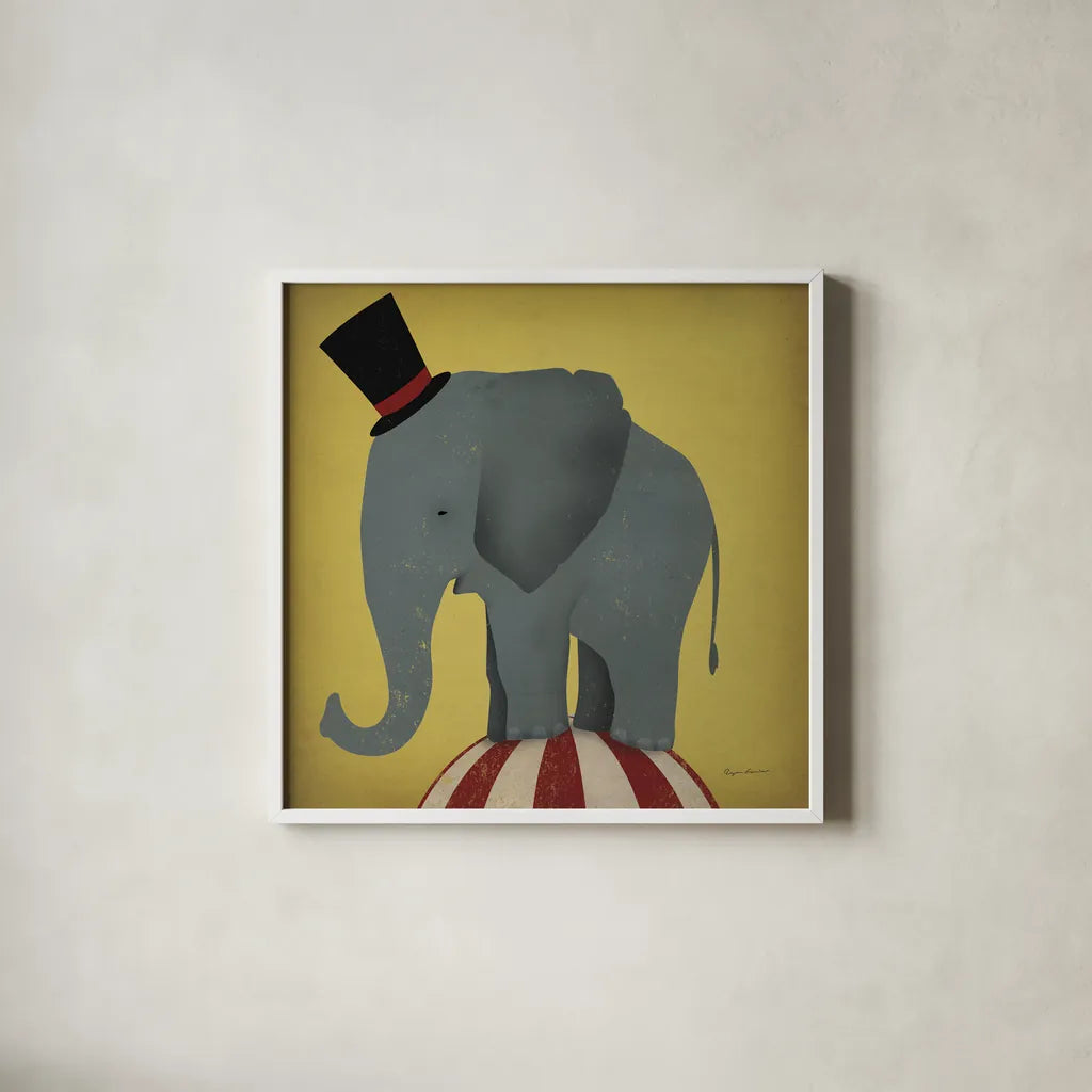 Circus Elephant by Ryan Fowler. Shown in a crisp white glass frame for a clean and minimalist style. Available as an archival giclee rolled canvas, fine art paper, or poster print. SKU 21521a.
