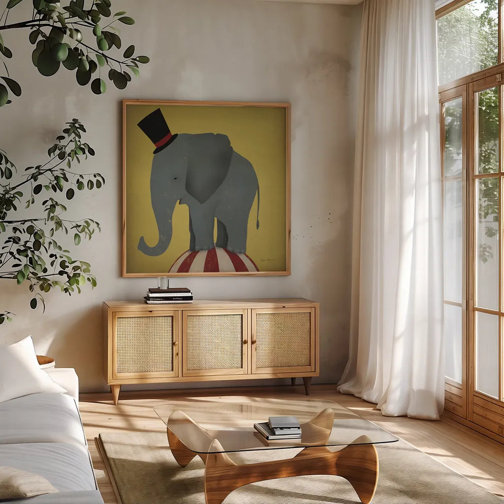 Circus Elephant by Ryan Fowler. Shown in a natural wood frame in a cozy modern living room. Available as an archival giclee rolled canvas, fine art paper, or poster print. SKU 21521a.