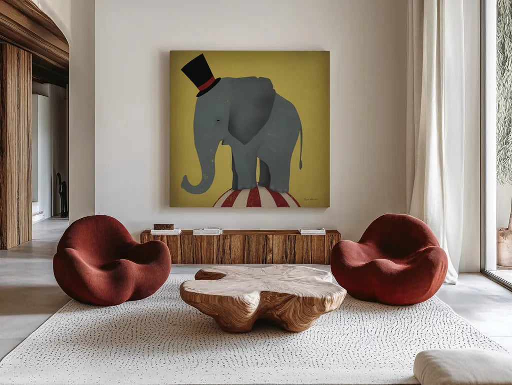 Circus Elephant by Ryan Fowler. Shown as extra-large giant wall art in a modern living room. Available as an archival giclee rolled canvas, fine art paper, or poster print. SKU 21521a.