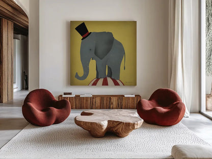 Circus Elephant by Ryan Fowler. Shown as extra-large giant wall art in a modern living room. Available as an archival giclee rolled canvas, fine art paper, or poster print. SKU 21521a.