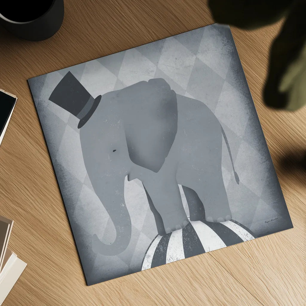 Circus Elephant Gray by Ryan Fowler. Shown as a detailed flat fine art print, highlighting archival giclee quality. Available as an archival giclee rolled canvas, fine art paper, or poster print. SKU 49896a.
