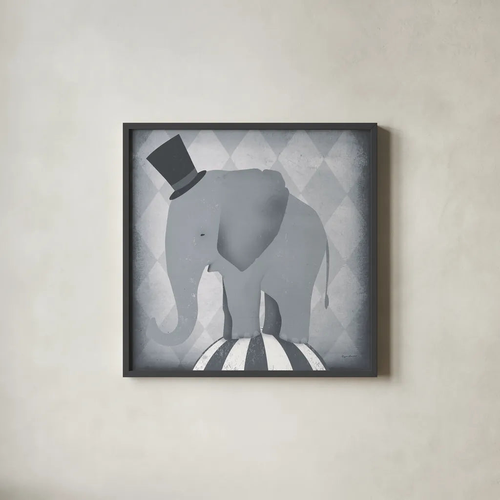 Circus Elephant Gray by Ryan Fowler. Shown in a sleek black glass frame for a contemporary gallery look. Available as an archival giclee rolled canvas, fine art paper, or poster print. SKU 49896a.