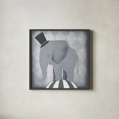 Circus Elephant Gray by Ryan Fowler. Shown in a sleek black glass frame for a contemporary gallery look. Available as an archival giclee rolled canvas, fine art paper, or poster print. SKU 49896a.