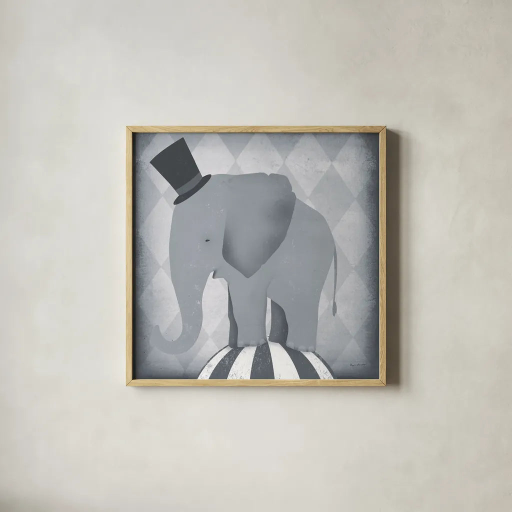 Circus Elephant Gray by Ryan Fowler. Shown in a natural wood glass frame for a timeless modern aesthetic. Available as an archival giclee rolled canvas, fine art paper, or poster print. SKU 49896a.