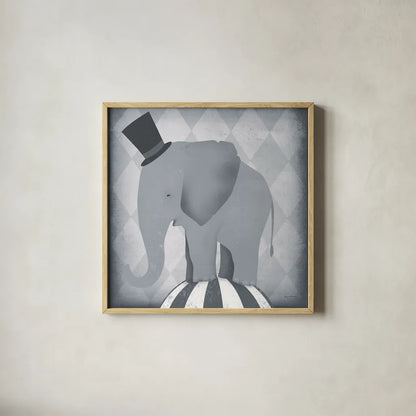 Circus Elephant Gray by Ryan Fowler. Shown in a natural wood glass frame for a timeless modern aesthetic. Available as an archival giclee rolled canvas, fine art paper, or poster print. SKU 49896a.
