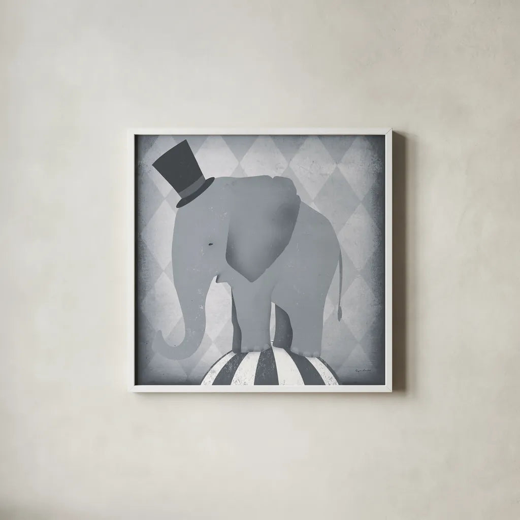 Circus Elephant Gray by Ryan Fowler. Shown in a crisp white glass frame for a clean and minimalist style. Available as an archival giclee rolled canvas, fine art paper, or poster print. SKU 49896a.