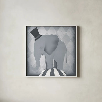 Circus Elephant Gray by Ryan Fowler. Shown in a crisp white glass frame for a clean and minimalist style. Available as an archival giclee rolled canvas, fine art paper, or poster print. SKU 49896a.
