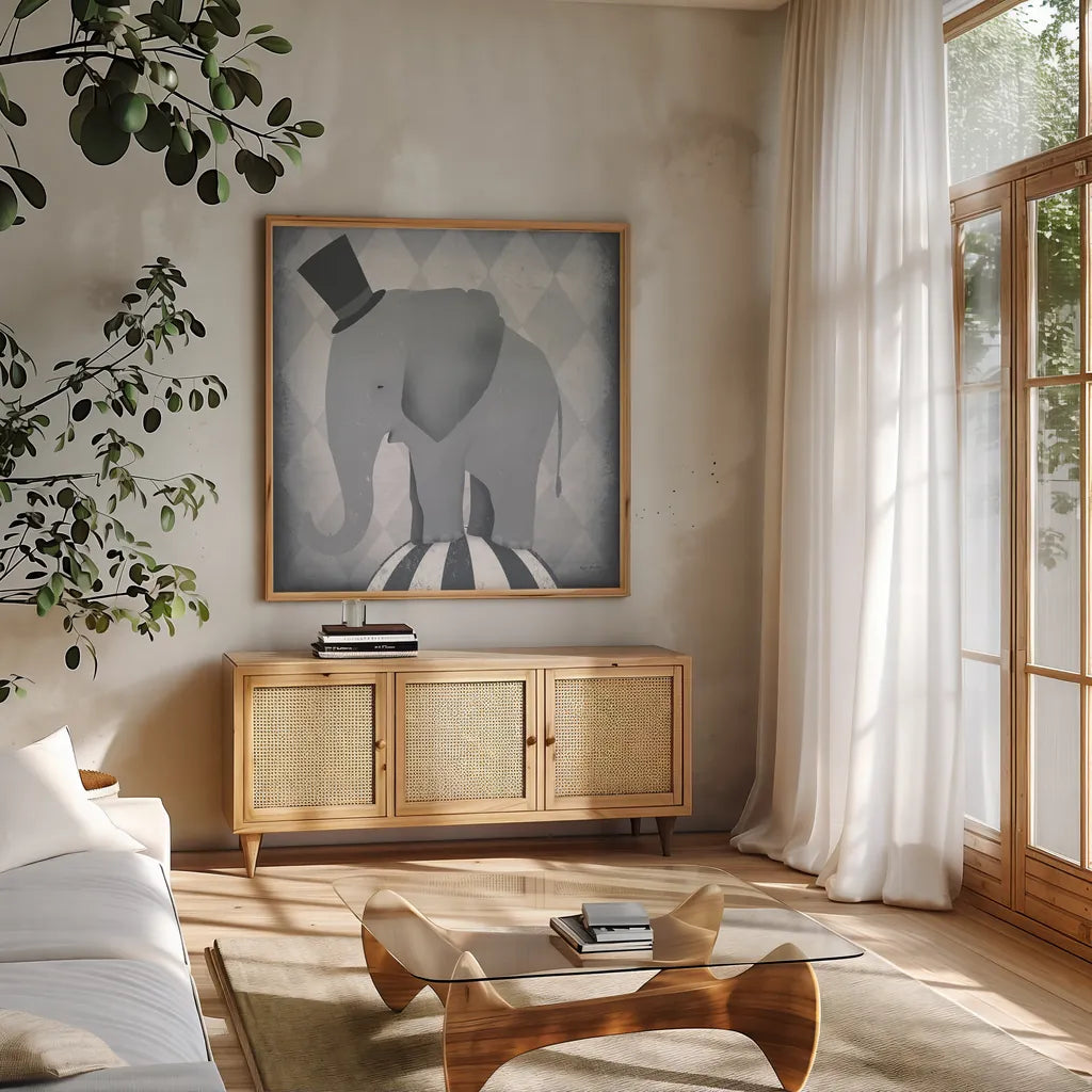 Circus Elephant Gray by Ryan Fowler. Shown in a natural wood frame in a cozy modern living room. Available as an archival giclee rolled canvas, fine art paper, or poster print. SKU 49896a.