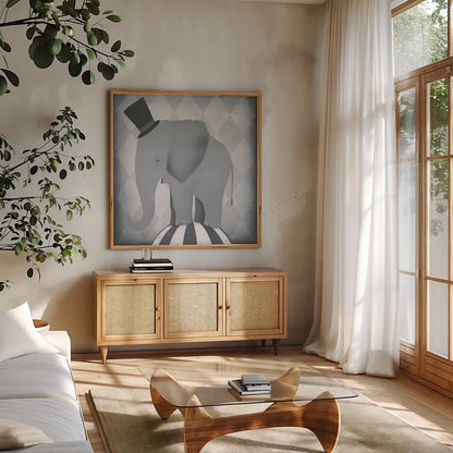 Circus Elephant Gray by Ryan Fowler. Shown in a natural wood frame in a cozy modern living room. Available as an archival giclee rolled canvas, fine art paper, or poster print. SKU 49896a.