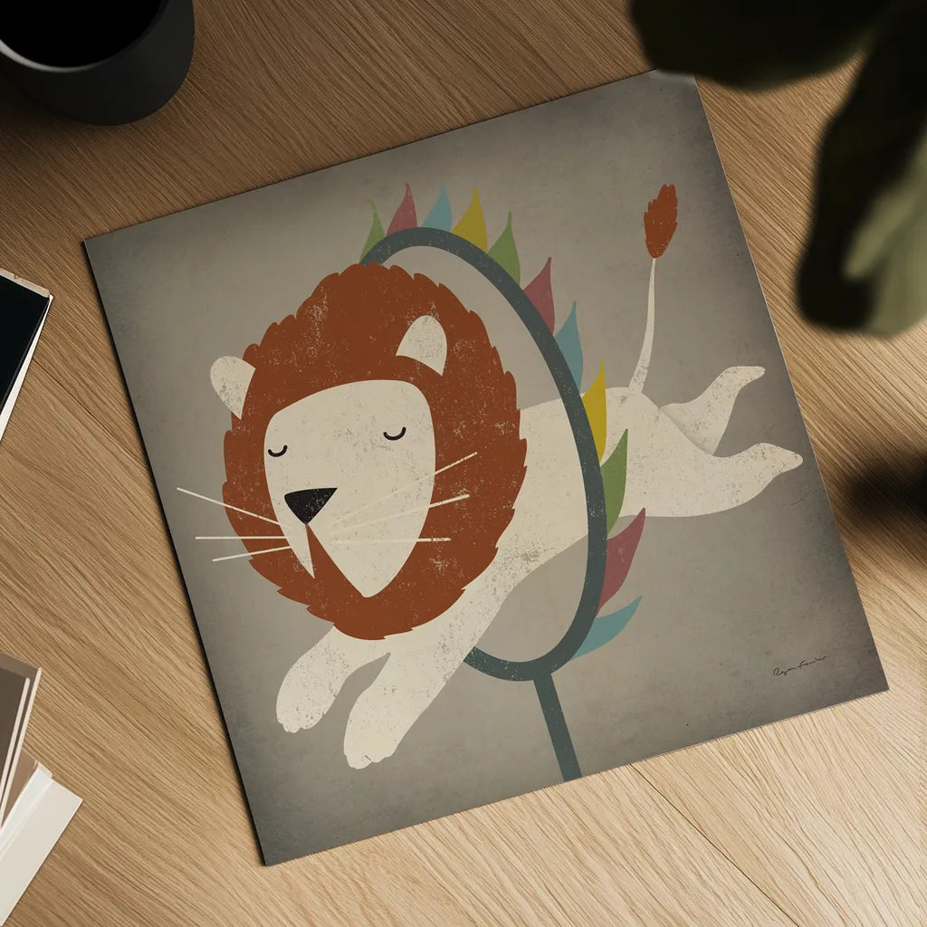 Circus Lion by Ryan Fowler. Shown as a detailed flat fine art print, highlighting archival giclee quality. Available as an archival giclee rolled canvas, fine art paper, or poster print. SKU 21522a.