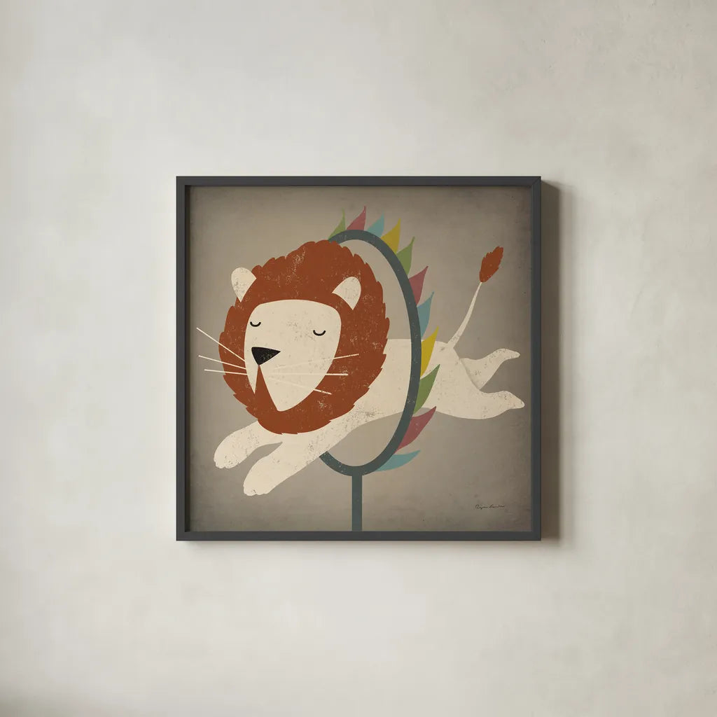 Circus Lion by Ryan Fowler. Shown in a sleek black glass frame for a contemporary gallery look. Available as an archival giclee rolled canvas, fine art paper, or poster print. SKU 21522a.