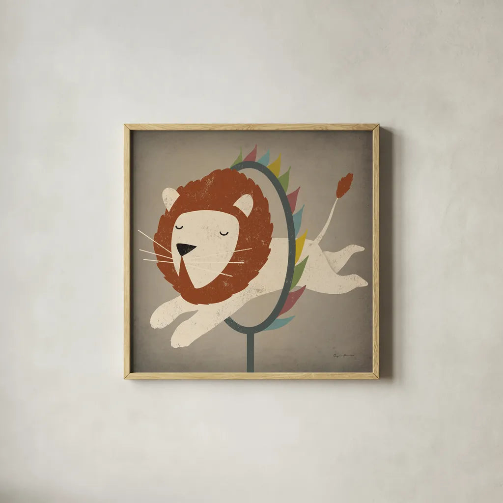 Circus Lion by Ryan Fowler. Shown in a natural wood glass frame for a timeless modern aesthetic. Available as an archival giclee rolled canvas, fine art paper, or poster print. SKU 21522a.