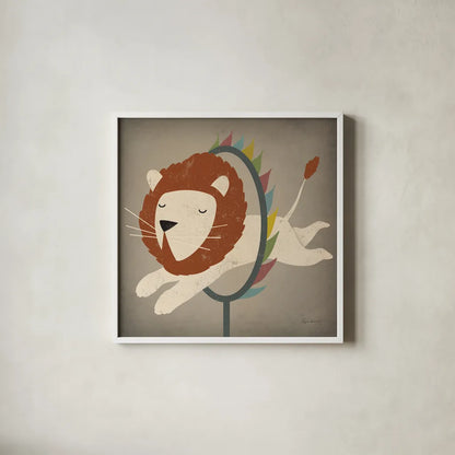 Circus Lion by Ryan Fowler. Shown in a crisp white glass frame for a clean and minimalist style. Available as an archival giclee rolled canvas, fine art paper, or poster print. SKU 21522a.