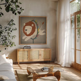Circus Lion by Ryan Fowler. Shown in a natural wood frame in a cozy modern living room. Available as an archival giclee rolled canvas, fine art paper, or poster print. SKU 21522a.