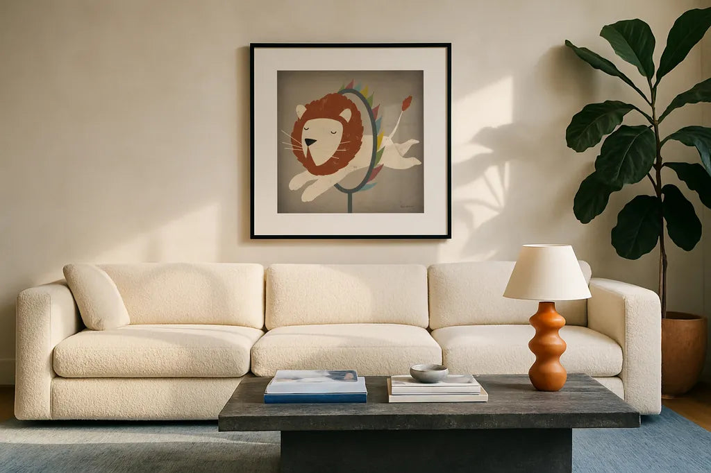 Circus Lion by Ryan Fowler. Displayed in a glass frame with matte in a clean modern living room. Available as an archival giclee rolled canvas, fine art paper, or poster print. SKU 21522a.
