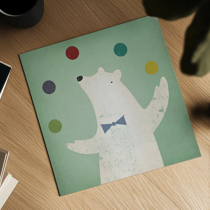 Circus Polar Bear by Ryan Fowler. Shown as a detailed flat fine art print, highlighting archival giclee quality. Available as an archival giclee rolled canvas, fine art paper, or poster print. SKU 18597a.
