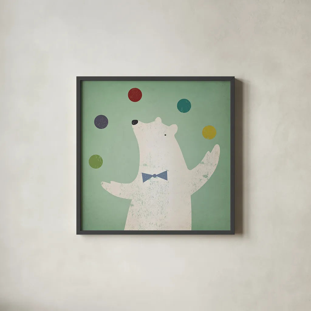 Circus Polar Bear by Ryan Fowler. Shown in a sleek black glass frame for a contemporary gallery look. Available as an archival giclee rolled canvas, fine art paper, or poster print. SKU 18597a.
