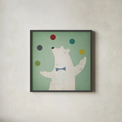 Circus Polar Bear by Ryan Fowler. Shown in a sleek black glass frame for a contemporary gallery look. Available as an archival giclee rolled canvas, fine art paper, or poster print. SKU 18597a.