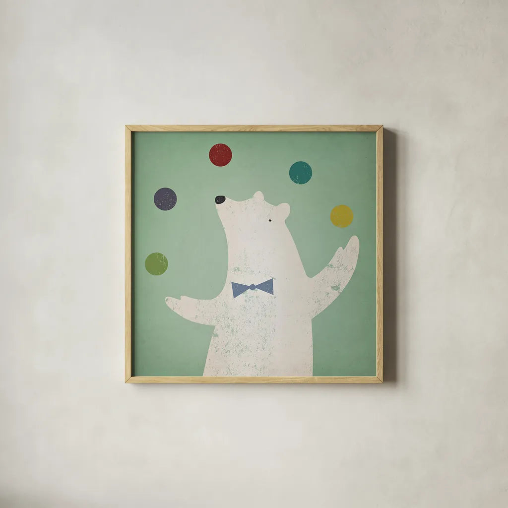 Circus Polar Bear by Ryan Fowler. Shown in a natural wood glass frame for a timeless modern aesthetic. Available as an archival giclee rolled canvas, fine art paper, or poster print. SKU 18597a.