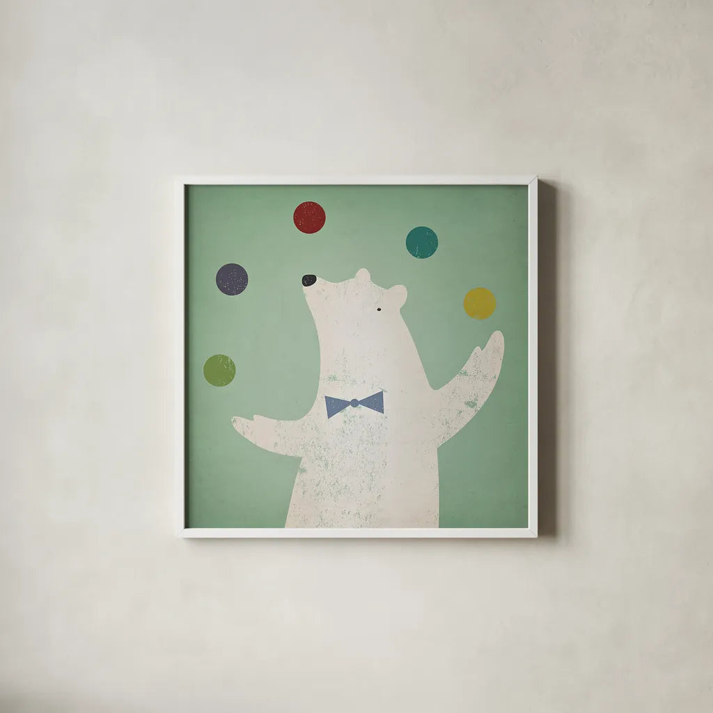Circus Polar Bear by Ryan Fowler. Shown in a crisp white glass frame for a clean and minimalist style. Available as an archival giclee rolled canvas, fine art paper, or poster print. SKU 18597a.