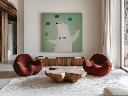 Circus Polar Bear by Ryan Fowler. Shown as extra-large giant wall art in a modern living room. Available as an archival giclee rolled canvas, fine art paper, or poster print. SKU 18597a.