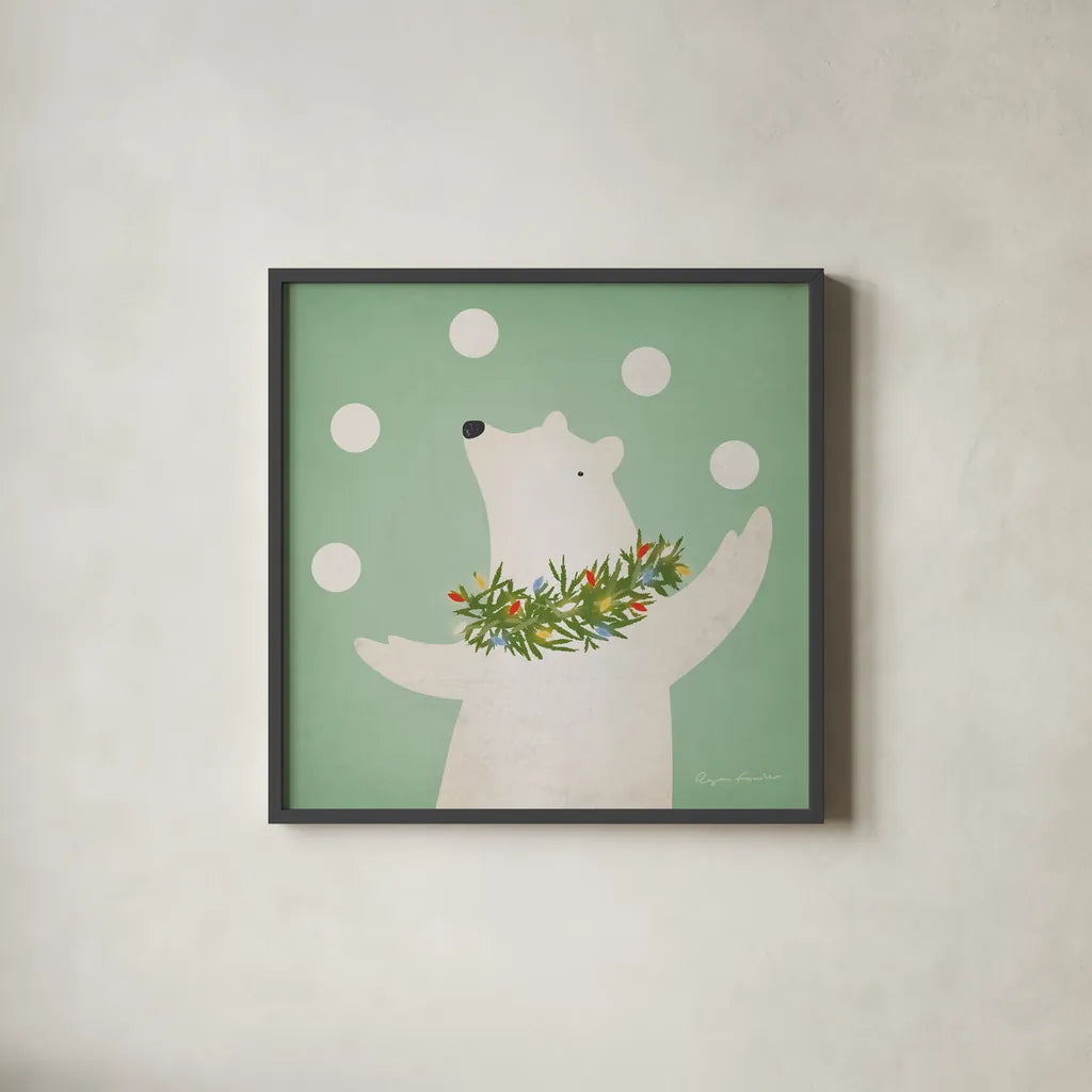 Circus Polar Bear by Ryan Fowler. Shown in a sleek black glass frame for a contemporary gallery look. Available as an archival giclee rolled canvas, fine art paper, or poster print. SKU 74536a.